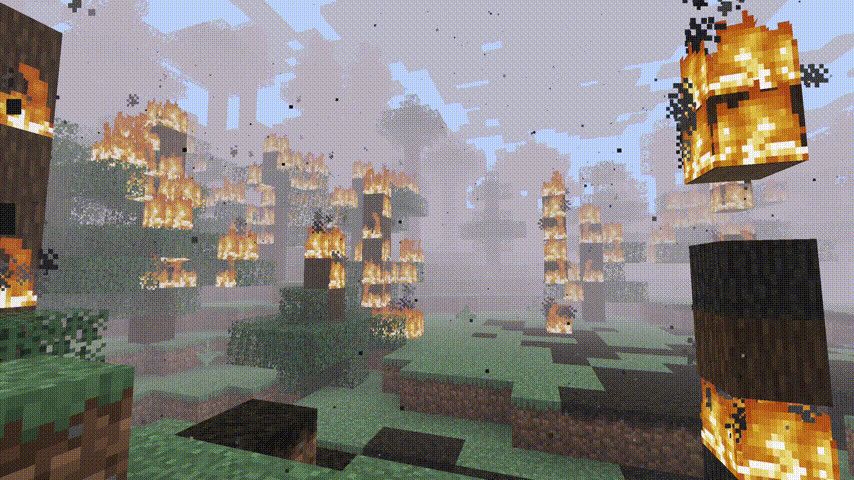 Smoke, falling ash, charred logs, and scorched earth