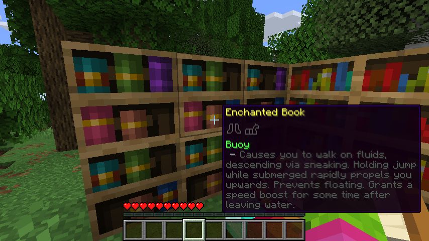 Showcases both the chiseled bookshelf peeking and also the items that the enchantment supports