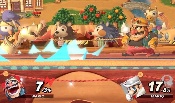 A screenshot from the Nintendo Switch game 'Super Smash Bros. Ultimate' with me playing as Wario against Mario in an Animal Crossing-style battle terrain. Multiple Animal Crossing characters can be seen, such as Wendell the Walrus, Mabel and Sable the hedgehogs, and Gracie the giraffe.