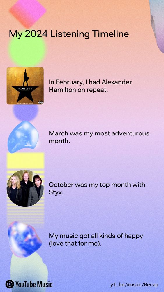 Slide three of my YouTube Music recap, which states my 2024 listening timeline. In February, I had the 'Hamilton' soundtrack on repeat. March was my most adventurous month, October was my top month with Styx songs, and my music is mostly happy.