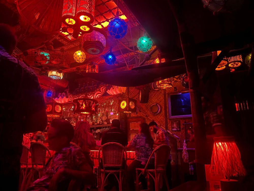Dark but bright tiki bar. Red light illuminating lots of hanging pendant lights, and … things everywhere 