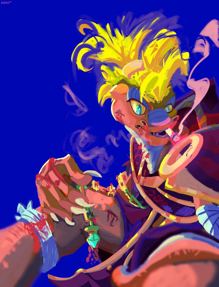 image of a one armed anthropomorphic lizard sitting and smoking. They're covered wounds, blood, and bandages implying some kind of fight before this.