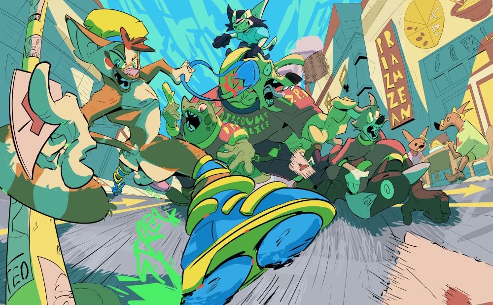 Art of an anthropomorphic lemur, on roller-skates, being chased by a law enforcement group wearing shirts that say "discount police" The lemur is naked and using their tail to pivot themselves on a nearby street pole. They've also flung their bag at the largest member of the squad chasing them causing mail to fly out in various directions. They're reaching in to the foreground to try hand an envelope to someone off screen. 