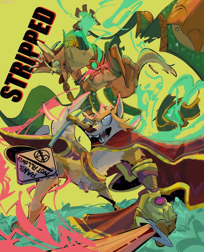image of a mostly naked anthropomorphic coyote mid fight with a mostly naked anthropomorphic maned wolf. The coyote is holding a sword which is implied that he just slashed away at the equipment of the manned wolf with exposing his cock and balls. He's also holding a sign that reads "Pants Not allowed".

The maned wolf for his part looks surprised and flustered about the action. They're also charging an energy sphere which appears to be going haywire and also playing a part in dissolving their own equipment.