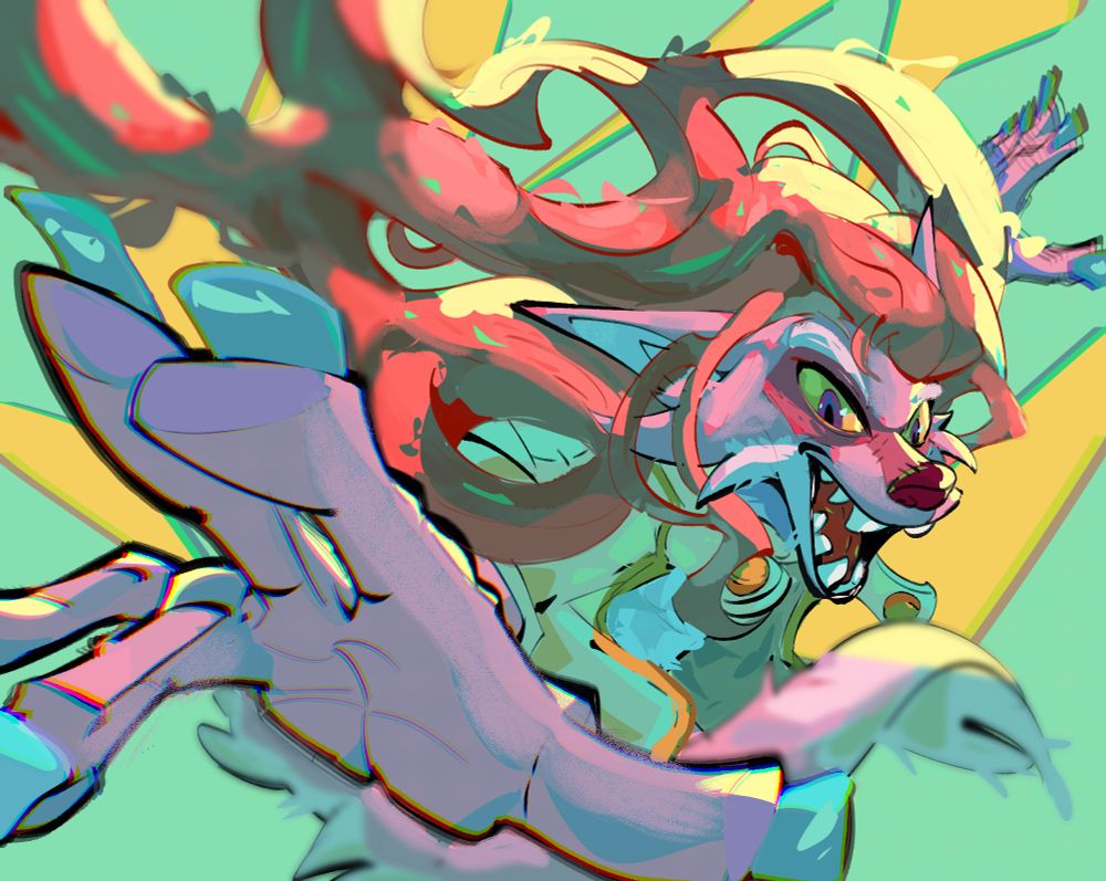portrait of a pink coyote character. This idiot turned 25 in this picture and he still hasn't figured out how to get rid of the chromatic aberration around their hands hands.