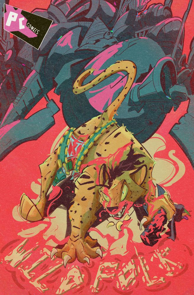 illustration in the style of a comic book cover of a large anthropomorphic cheetah warrior covered in blood in a blood-soaked landscape surrounded by broken machinery. they're on all fours, one of their hands is on the severed head off a robot dog and the other is planted on a the floor.