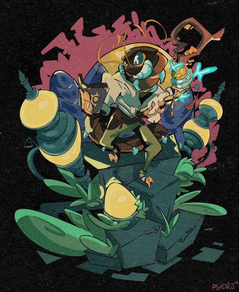 Image of an anthropomorphic Centipede making their way down a structure in an area decorated with lamps. They have two sets of arms, the bottom ones holding a map. The top ones are on viewer right holding a book he's looking at and the viewer right is holding a staff with a light attached to it.