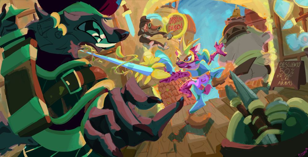 Image of anthropomorphic feline fencer holding up an anthropomorphic wolf criminal with the tip of her rapier. Behind her are two other goons, one with a pot stuck on his head and another pinned to a wall by their shirt with a saber, the implication being that she caused both of those.

The environment is filled with weapons and a sign that says "Descuento 50% en todo las armas." implying this is some sort of weapons dealership the fencer has invaded.