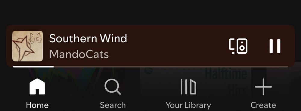 A screenshot of Spotify Mobile, cropped to only show the pop up for my song, Southern Wind playing.