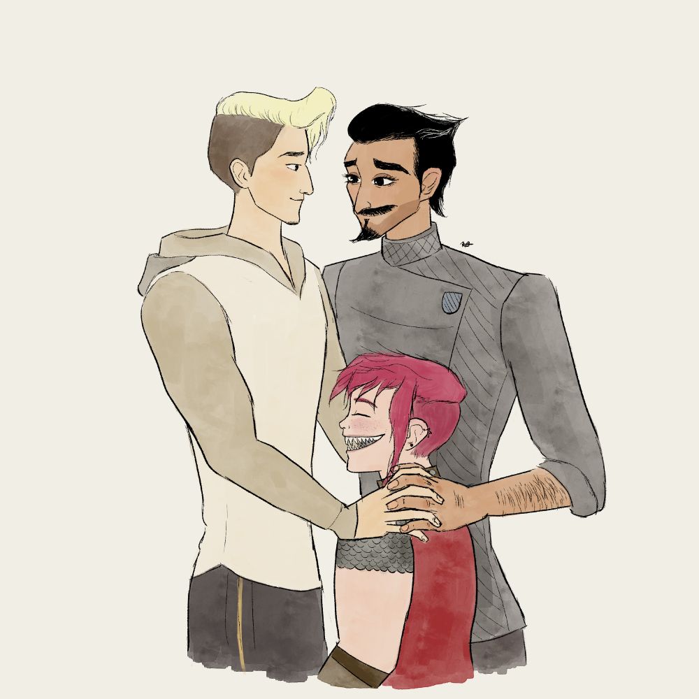 A drawing of Ambrosius Goldenloin and Ballister Boldheart from the Nimona movie, embracing, exchanging soft looks. Both men are holding Nimona between them, who’s wearing a toothy grin on her face.