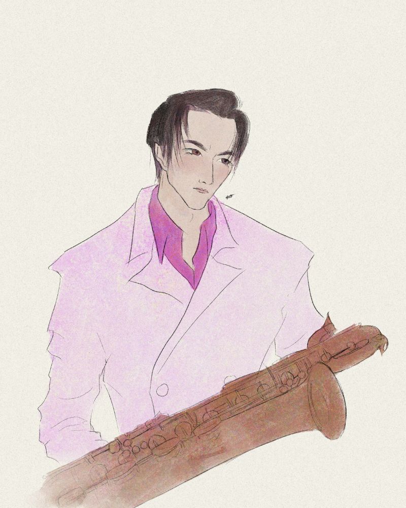 A digital sketch with a touch of color. It depicts Midvalley the Hornfreak staring into the distance, holding his saxophone.