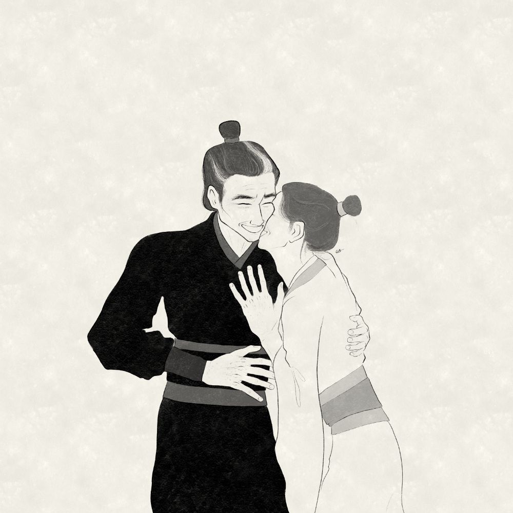 A digital drawing in inks. Feng Xin and Xie Lian are depicted as older men (in their 60s), wrinkled and with heads full of grey and white hairs, laughing at a shared joke. Xie Lian has his face is buried in Feng Xin’s neck, his left hand resting on Feng Xin’s neck. Feng Xin holds Xie Lian’s back gently with his left hand.