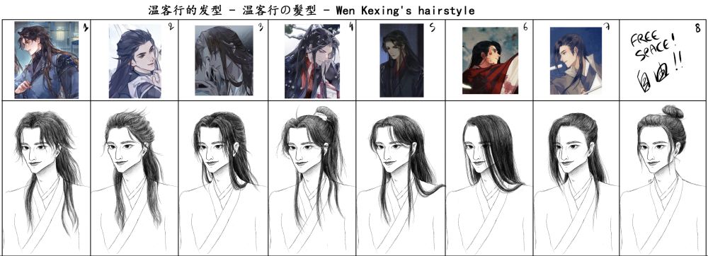 The template for Wen Kexing and the different hairstyles I recreated plus the one of my choice: long hair with loud choppy bangs resembling a mullet; a kind of half updo with some wispy hairs; hair down with some bangs; a half ponytail with a middle part and some bangs; hair down with a side part and some bangs; sleek side part half covering his face; side bangs and a couple of thin braids keeping most of his hair up; and a bun with a couple of hair strands framing his face.