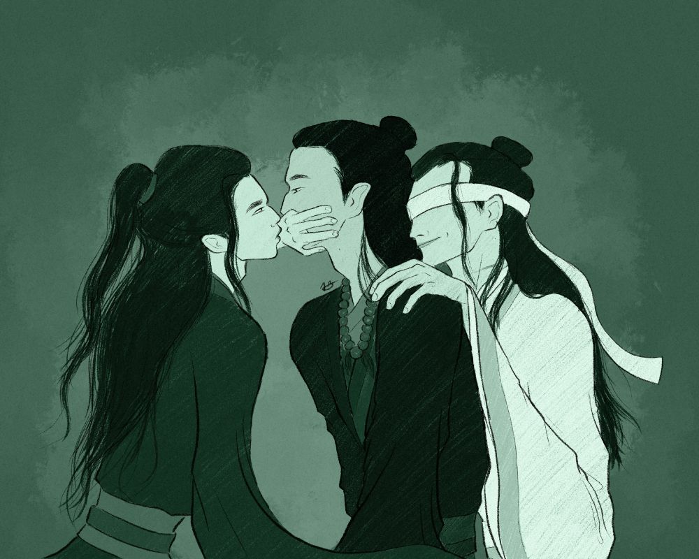 Digital art in muted greens depicting Songxuexiao from The Untamed. Xue Yang without his right arm, almost kissing Song Lan, covering his mouth with a hand that only has four fingers, looking into his eyes; Song Lan is staring back, flustered, wearing a mala necklace, as he’s held into place by the coaxing hand of Xiao Xingchen; Xiao Xingchen has a sweet smile and appears to be telling him something from behind him.