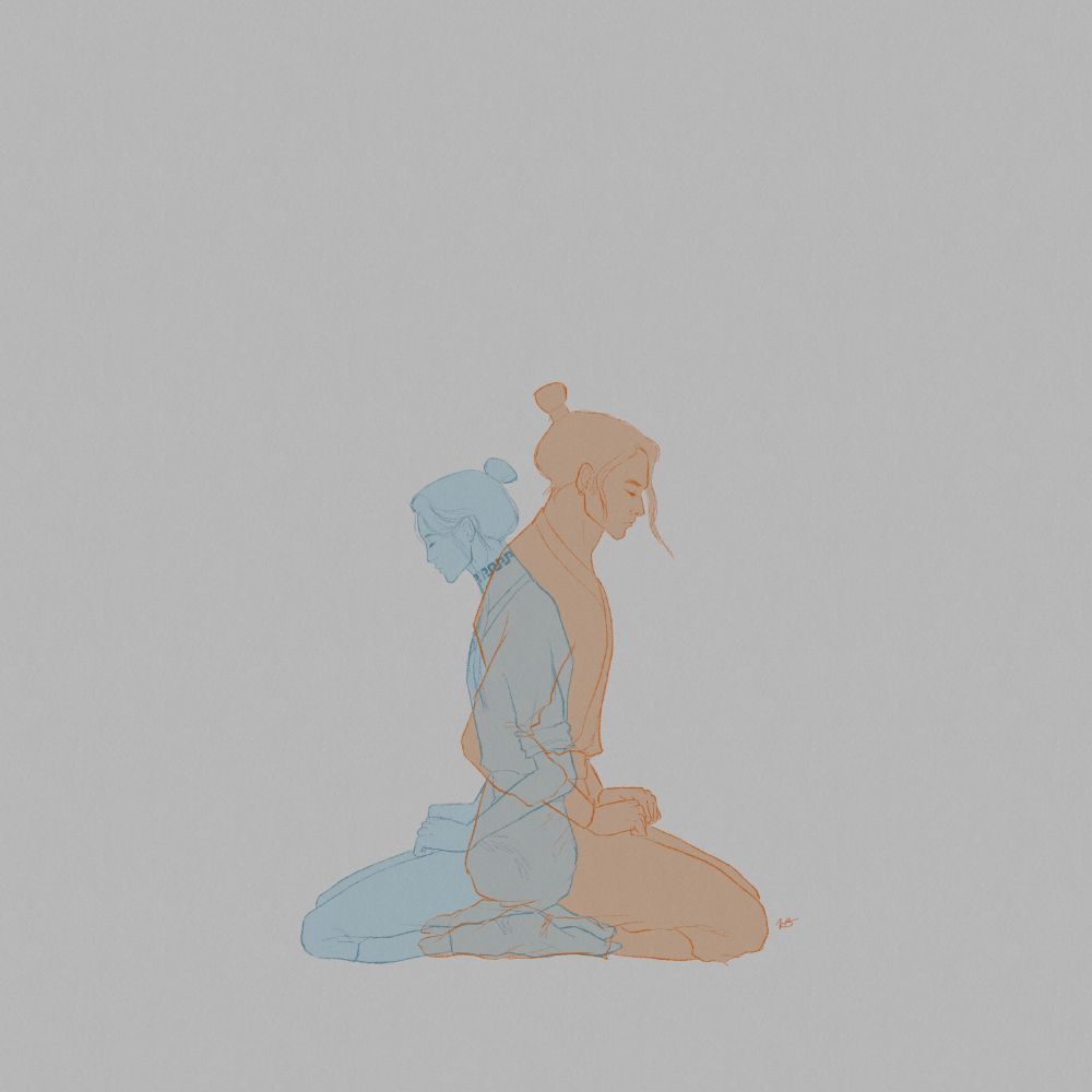 An illustration in light gray paper. Feng Xin and Xie Lian, both kneeling on the ground, wearing their inner robes and socks, are drawn in orange and light blue color, respectively, facing opposing sides, their silhouettes juxtaposing. The cursed shackle on Xie Lian's neck is visible.