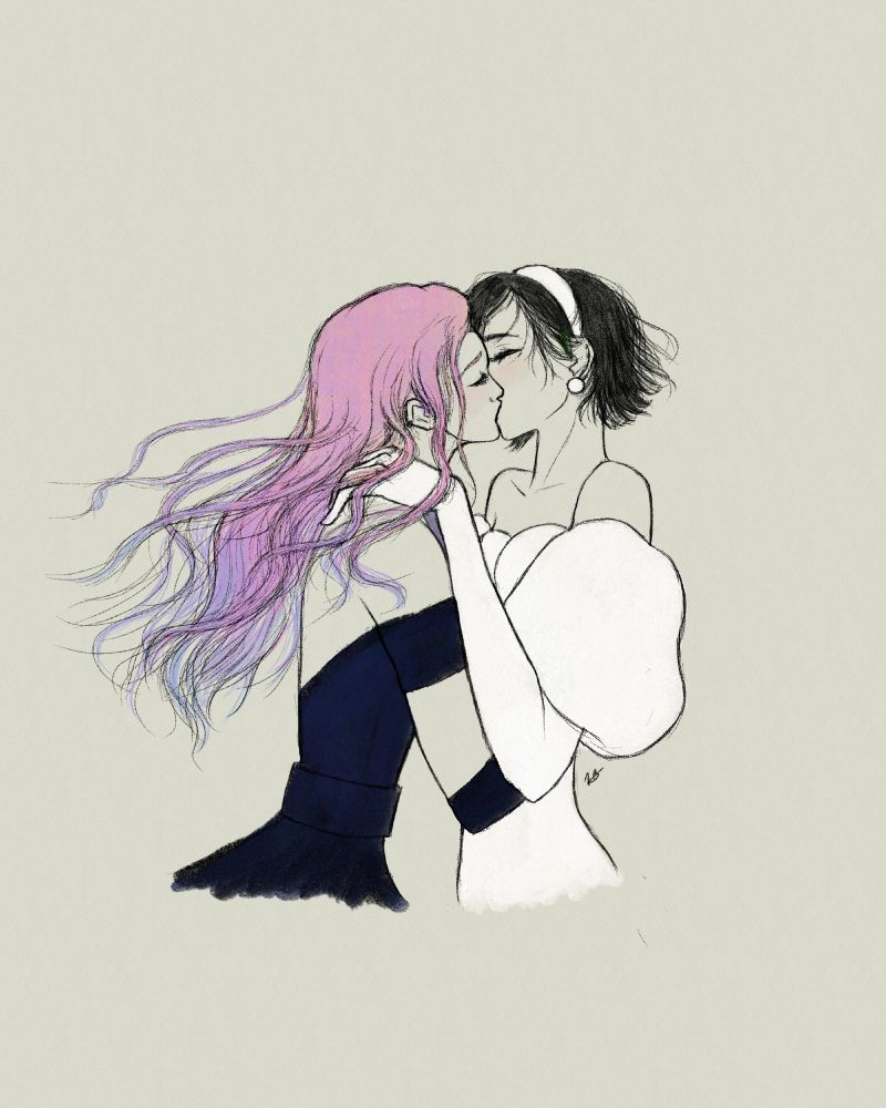 A colored sketch of Mizi and Sua from Alien Stage kissing. Mizi has her long pink hair with blue tips, wears her midnight blue dress from round 1. Sua has her hand holding Mizi in place; wearing her white dress from round 1. Their hair is flowing freely.
