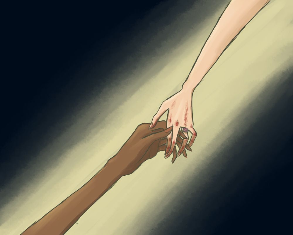 A screencap redraw of the Utena finale showing Anthy and Utena’s hands reaching for each other. Utena's hand is bloodied, showing the ring that marks her as a duelist. 
