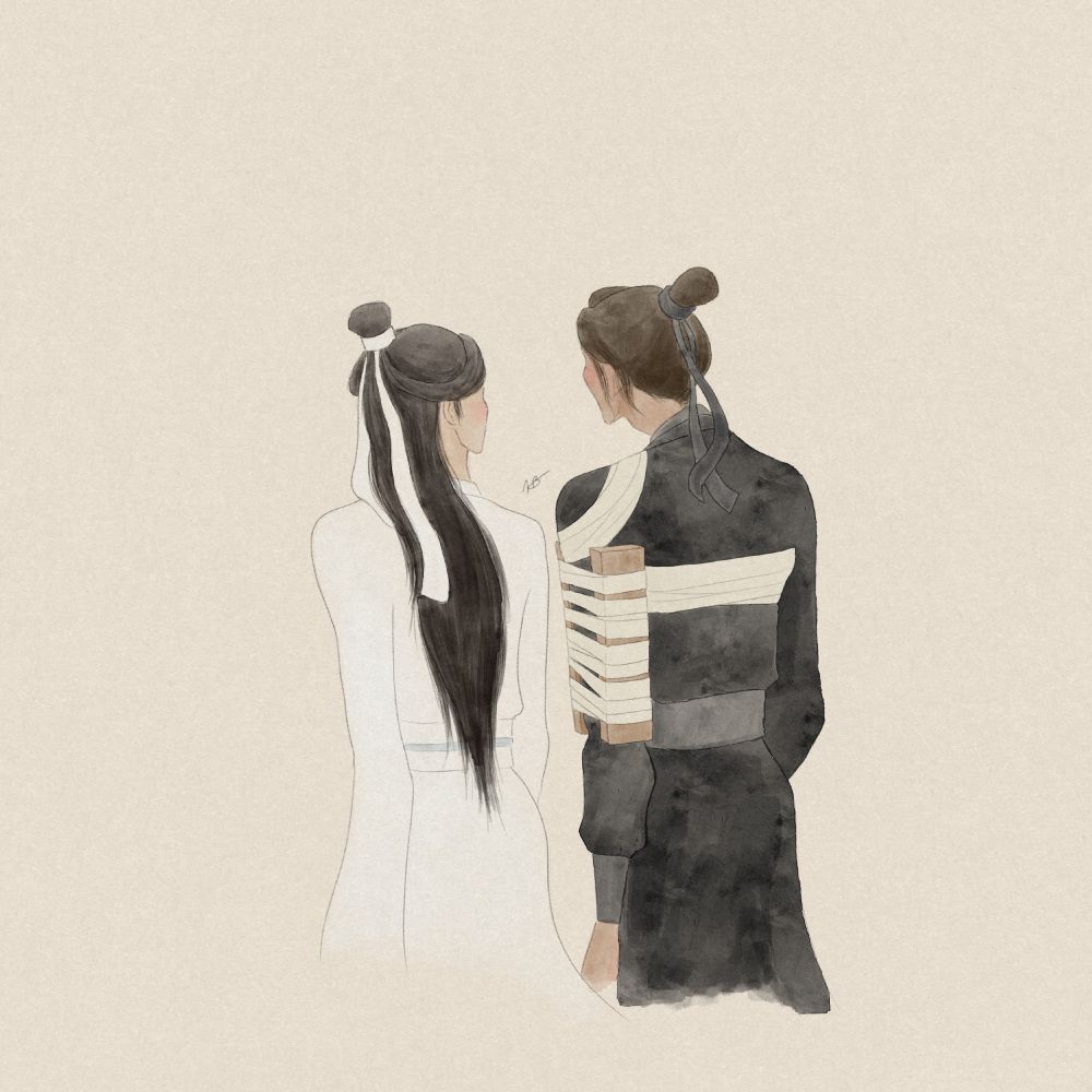 A digital illustration in watercolor style. It depicts Xie Lian and Feng Xin during the late Xianle days, walking side by side, seen from behind. They appear to be talking. Feng Xin has some bandages around his left arm.