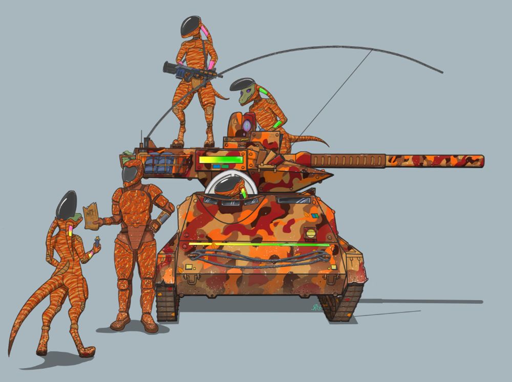 A flock take a break for a quick snack with a UNN Marine. The Marine wants to share his MRE, much to the amusement of the flock (family unit.) As their suits mimic their (covered) feathers colors, some are excited (yellow), happy (green), and even somewhat infatuated (pink) with the human. Note the driver's suit is linked to the tank itself, which allows the crew to quickly communicate orders or intentions to other flocks with complex colored signals.

 After Valbara join the Coalition, a military alliance of six races to combat the Betelgeusian insect threat, The Consensus (The Valbaran political/military leadership) decided to raise an army to retake their former lost colony, Kerguela. To do so, several vehicles were quickly developed, intended to wage war across a whole moon with lightning-fast strikes and deadly precision. Valbarans have always been adept at being quick on their feet and their doctrine contrasts the steadfast fist of humanity’s mechanized companies.

The Cozat'li (A type of ancient bladed weapon) is the Consensus' primary anti-armor and fire support platform. The base model pictured here, mounts a Coalition 30mm coilgun. Though normally a roof-mounted blister gun for much larger human vehicles, the weapon is quite capable against insects of all sizes, especially hulking Warriors. The gun also makes short work of normal Betelgeusian Drones, often turning them to paste with one shot, making the weapon a perfect fire support weapon for Commandos.

The front hull and turret is armored against plasma, the weapon type of choice by the insects, and can defeat plasma cannon rounds fired from Warriors. Though the Cozat'li only needs a crew of two, driver and gunner, extra flock members can ride along, providing more eyes to spy threats, or to provide infantry support during engagements. Kerguela is dominated by red, orange, and yellow foliage, hence their camo and the campaign to retake the moon: The Autumn War.