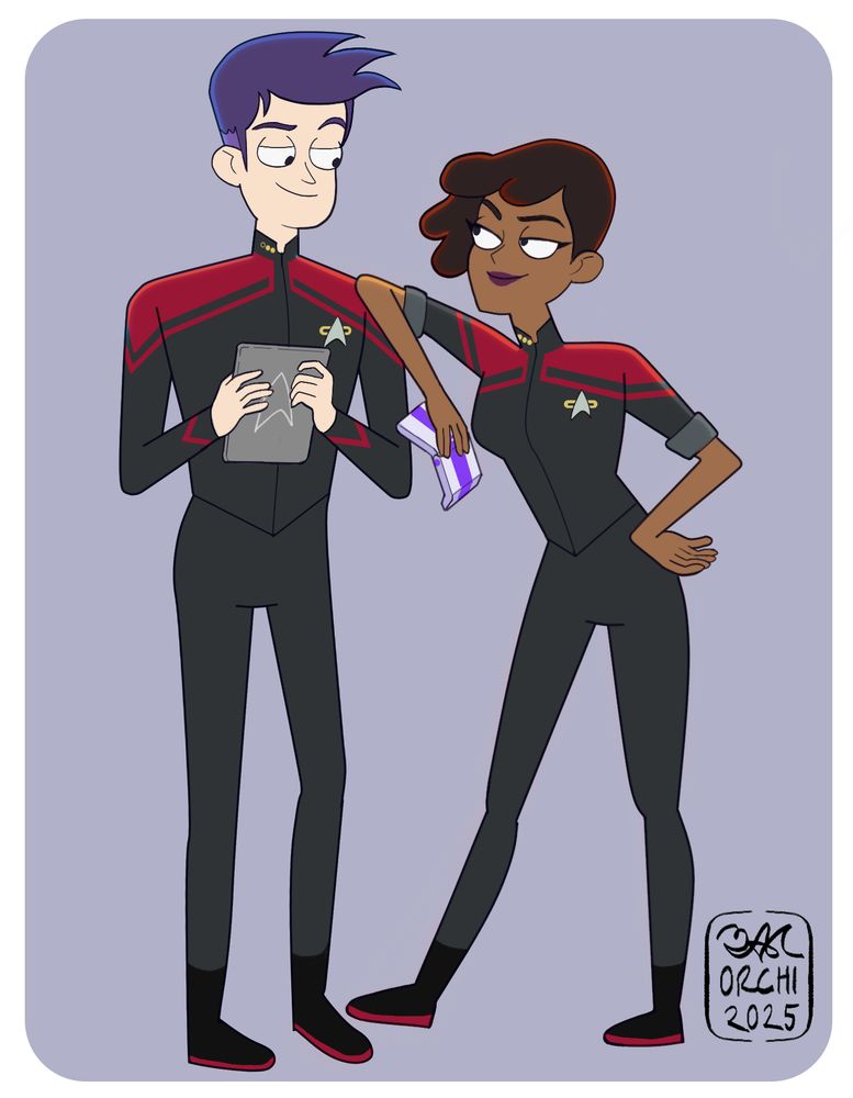 Fan art of Star Trek: Lower Decks characters Brad Boimler and Beckett Mariner in the future, in the official style of the show. 
On the left, Boimler is holding a PADD with both hands close to his chest. He has two gold pips and one black, showing his rank as Lieutenant commander.

On his right, Mariner is leaning on him, with her right elbow on his shoulder. She has a tricorder in her right hand. Her other hand is on her waist . They are looking at each other and smiling. Mariner has three gold pips, signifying her commander rank.

Boimler has his hair in a gelled upright pompadour, Mariner has a side bob. They are both wearing standard issue Starfleet uniform of mid 2380's, as seen in Star Trek: Picard.