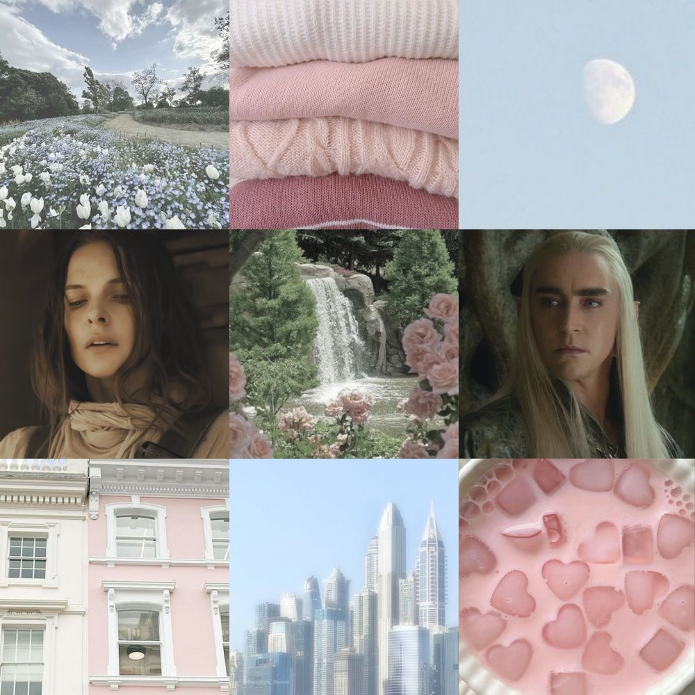 Gilraen and Thranduil, pastel blue and pink inspired moodboard 