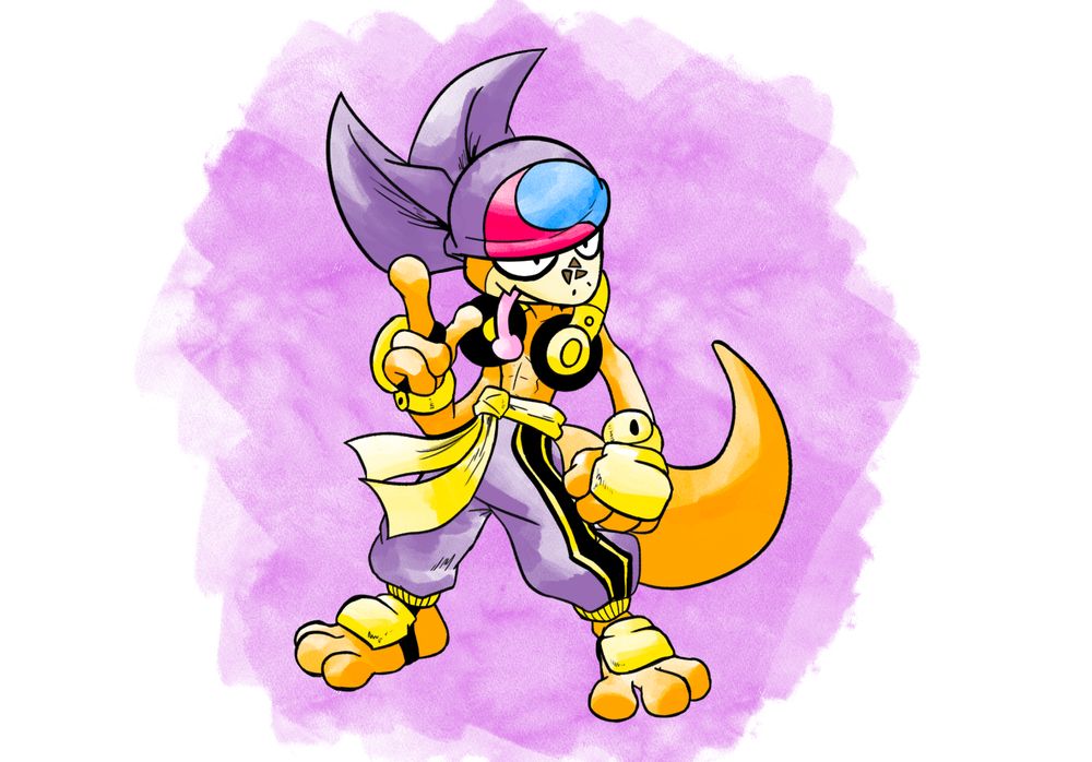 Jung the Lizard, who is orange and wears a purple bandana, baggy pants and yellow fighting gloves