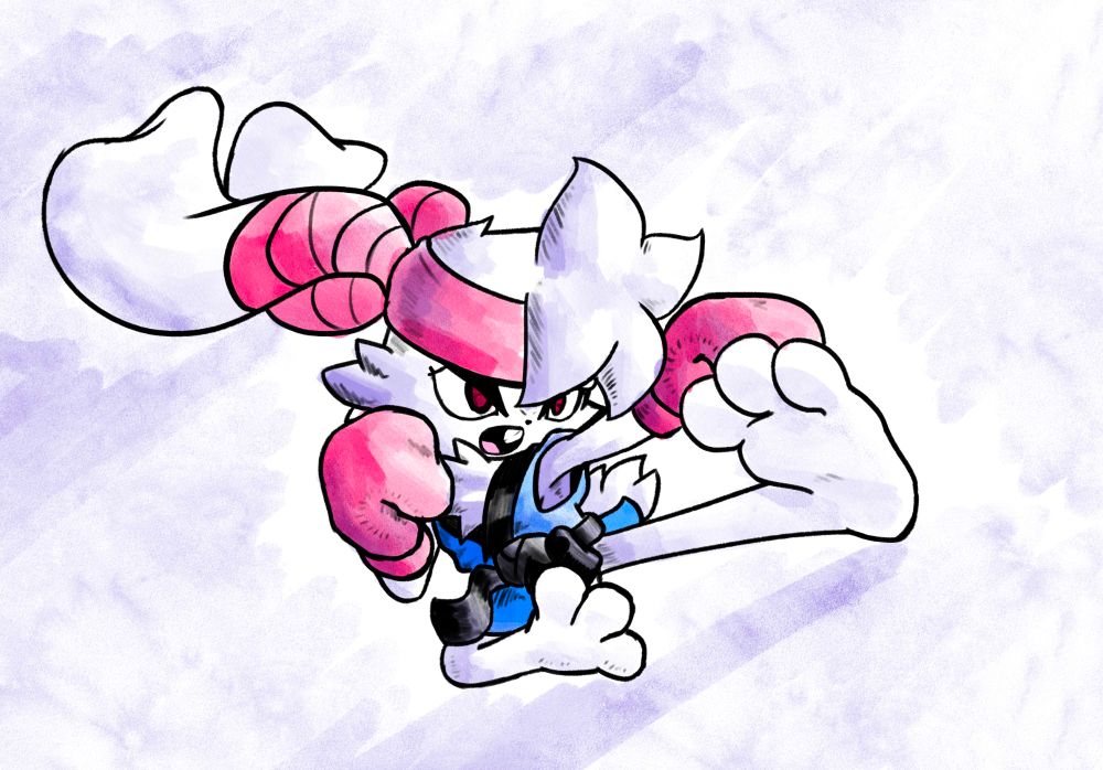 Shu the white Rabbit, performing a flying kick. He wears a blue gi, boxing gloves and a red headband
