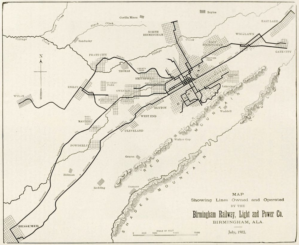 A map of Birmingham streetcars and interurbans at the dawn of the 20th century. 