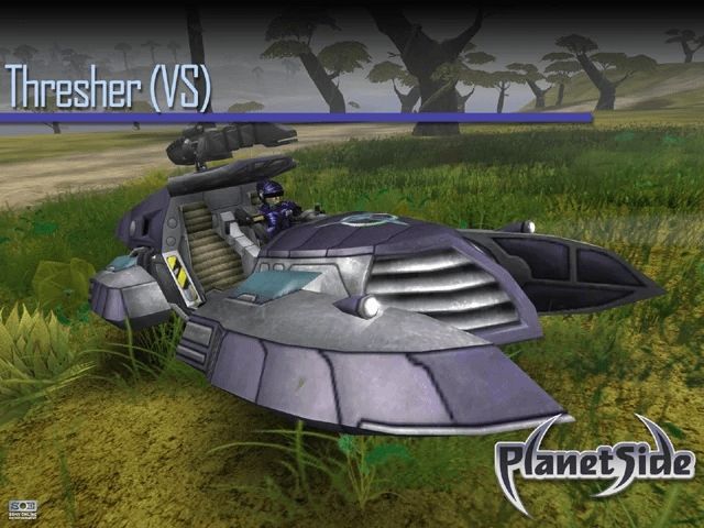 A Vanu Sovereignty Thresher from Planetside 1. Kindof a dune buggy hover vehicle.