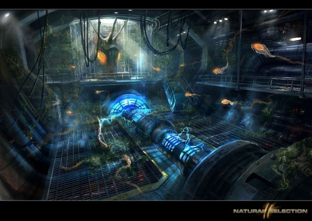 A moodily lit industrial scifi room featuring a bug turbine arcing with blue electricity. In the background, a bulbous alien thing is growing suspended from the ceiling on thick tendrils