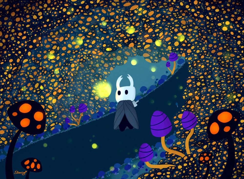Fanart of the player character from Hollow Knight, walking through the Fungal Wastes. They are on a path surrounded by glowing orange mushrooms, with many spores illuminating the space around them.