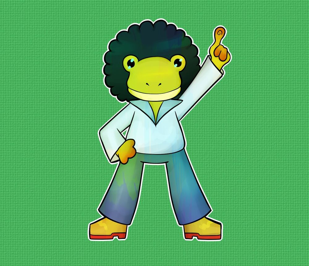 Art of a frog in disco attire on a green background.