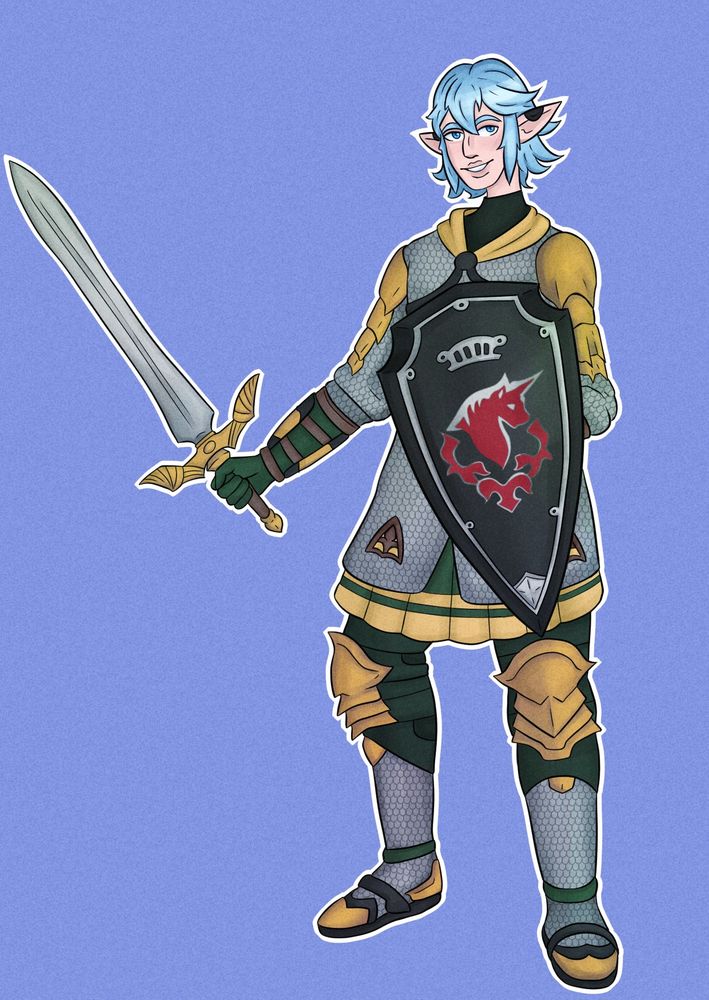 Fanart of Haurchefant Greystone from FFXIV, standing with his shield in front of him and his sword at the ready.