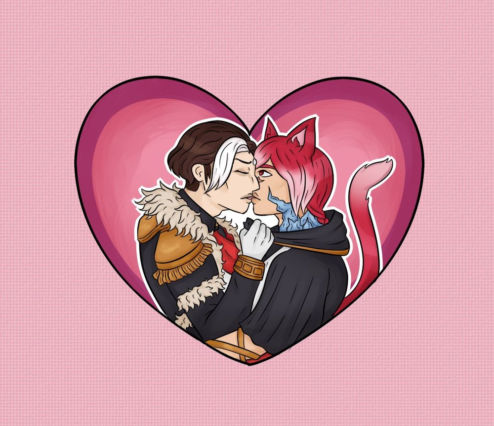 Art of Emet-Selch and G'raha Tia, dressed as the crystal exarch without his hood, kissing inside of a heart on a pale pink background. Emet-Selch is gripping G'raha's robes, pulling him closer, and Raha's eyes are wide in shock. 