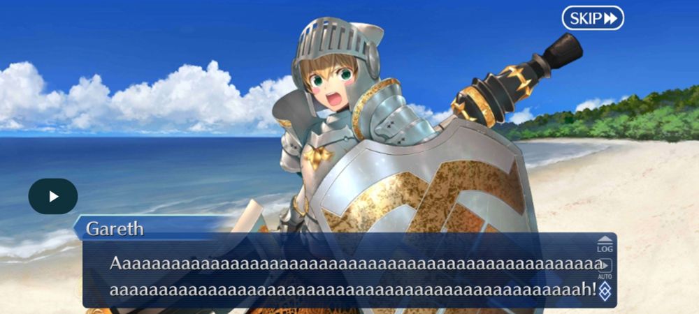 Screen cap from Fate/Grand Order of Gareth wearing full plate armor on a picturesque beach, screaming at the camera in incoherent indignation.