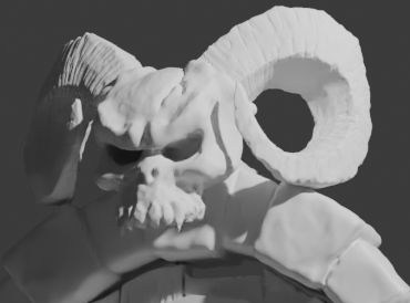 Grainy close up of the now sculpted skull, bearing way more detail than the original sketch would imply.