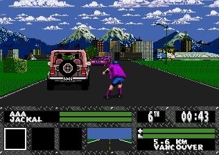Screen capture of "Skitchin." An Electronic Arts game from 1994 (before we knew how toxic the industry would become) about rollerblade racing on busy highways, grabbing cars to pick up speed, and beating your opponents with pipes. True sportsmanship. Also it has a killer soundtrack.