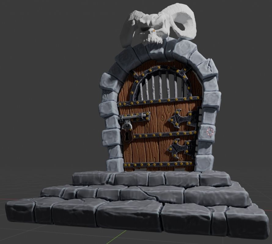 A stylized 3D render of a dungeon door. The angry looking skull on top still does not have any color.