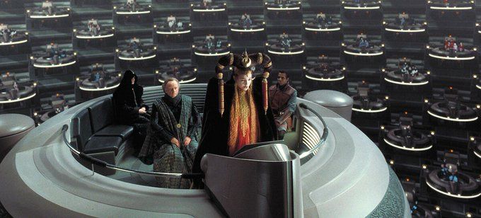 Still from Star Wars Episode 1 showing the galactic senate.