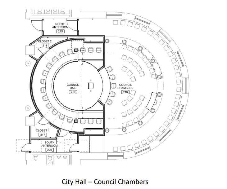 A blueprint of the future council chambers in Portland City Hall, showing 12 seats at the council dais instead of five.
