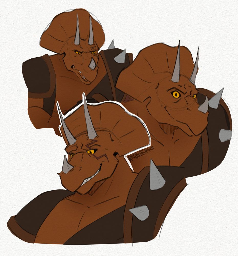 [ ID: three digital, colored sketches of traximus from the 2003 tmnt animated series. they're loose screenshot redraws from the chest up. in all drawings, he's in his gladiator gear and has the same design as he does in canon, save for his eyes. rather than being whited out, they're gold and are designed after eagle eyes. ]