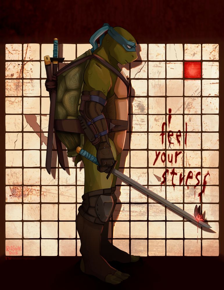 [ID: digital, colored illustration of leonardo from the animated tmnt 2003 series. he's standing in profile facing right, one katana drawn and held at a lowered angle in his right hand. on the end of the drawn katana rests a faintly glowing red and brown moth that seems to leave a thin trail of blood. behind leo is a rusty, cream-colored, tiled wall with one tile square across from him glowing red. he stares down at the butterfly, expression somber and exhausted. the painted text on the wall reads "i feel your stress". /END]