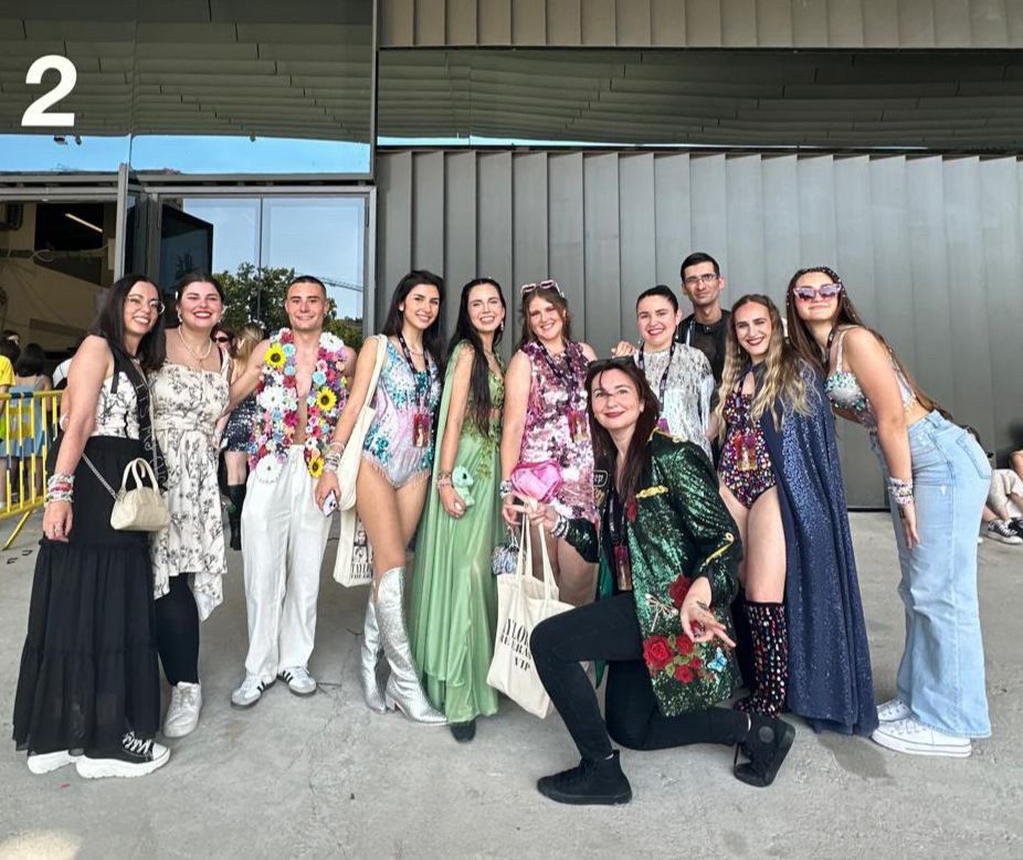 A group of friends outside the stadium in their outfits ready for the eras tour 