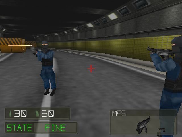A screenshot from X Operations showing two low-poly soldiers engaged in a shootout in a dark tunnel.