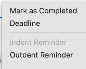 A context menu from the macOS Reminders app, where one of the available options is called ‘Outdent Reminder’.