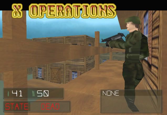A promo image for the game X Operations, showing a low-poly soldier standing guard on a wooden walkway.