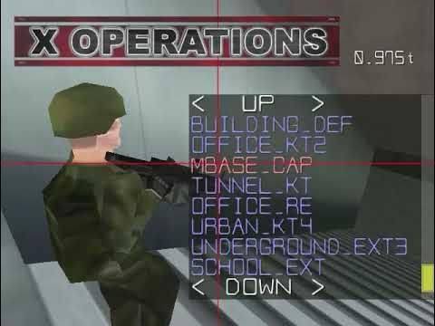 A screenshot of the X Operations level select menu, with all-caps level names like BUILDING_DEF, OFFICE_KT2, and MBASE_CAP.