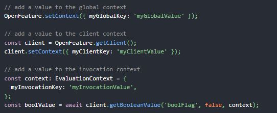 The TypeScript code snippet shows how evaluation context can be used with server-side OpenFeature SDKs. In contrast to client-side SDKs, the context needs to be passed to every flag evaluation request. However, if contexts are valid globally, they can be set the same way as in client-side SDKs (see also previous post).