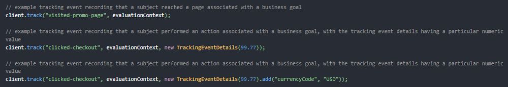 The code snippet shows how the OpenFeature client's track function is called passing a tracking event name and TrackingEventDetails, which consist of a numeric value here. In the example, the 'clicked-checkout' event is tracked with a value of 99.77. For server-side applications, the evaluation context parameter can be optionally passed to analyze tracking events in the context of the current user session.