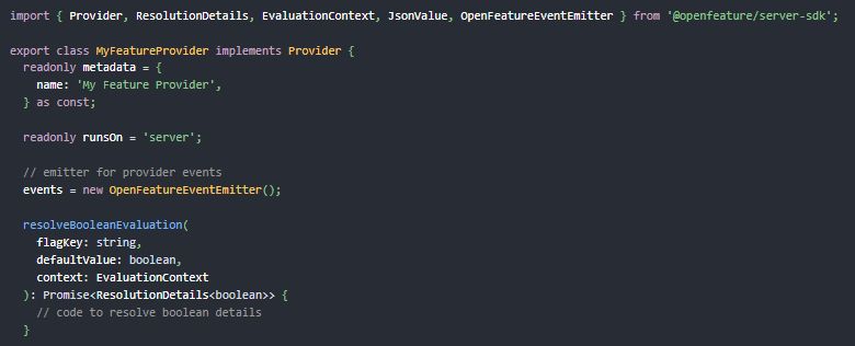 The TypeScript code snippet shows how one can create their own provider by implementing the Provider interface from the OpenFeature SDK. 